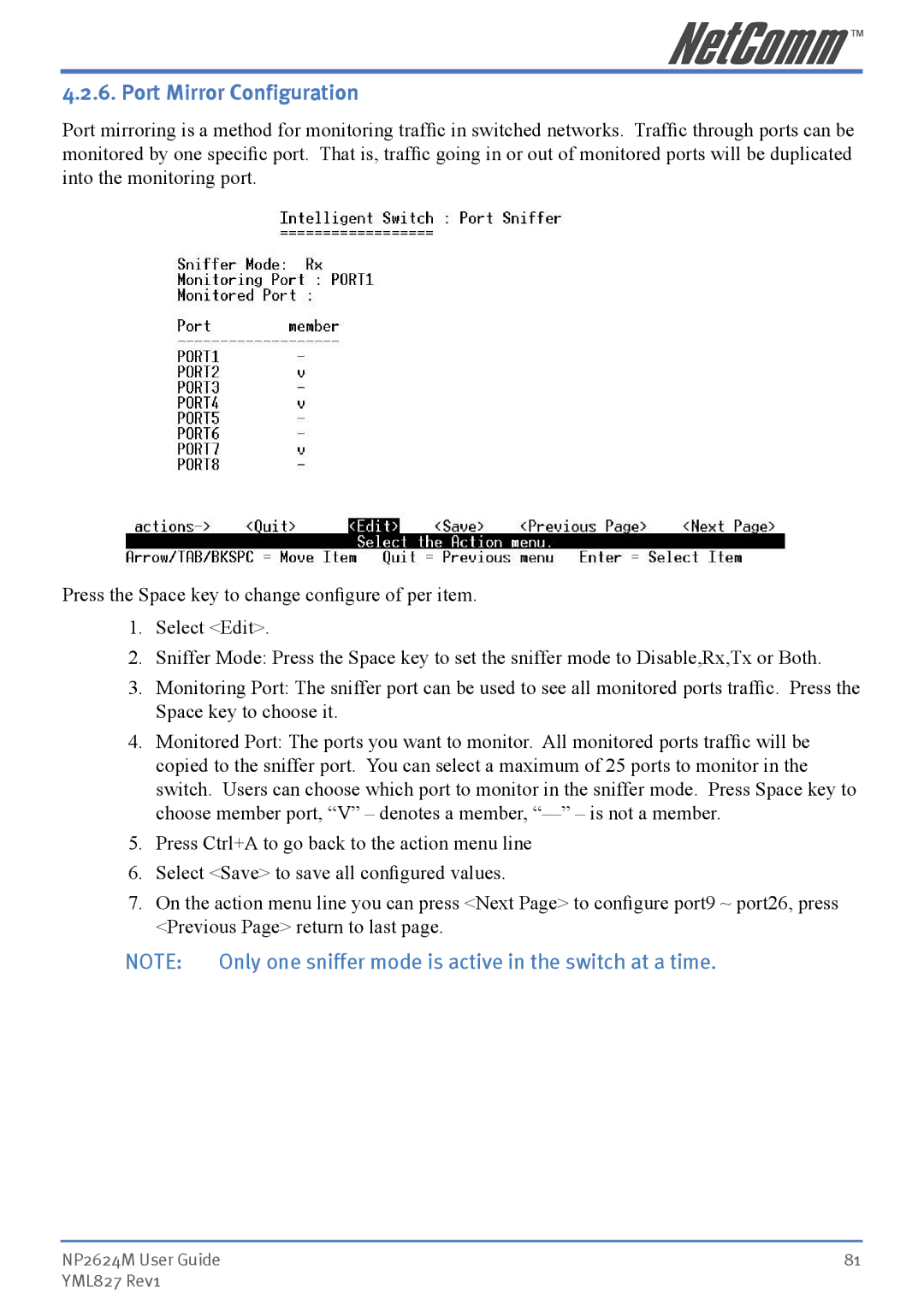 NetComm NP2624M manual Port Mirror Configuration 