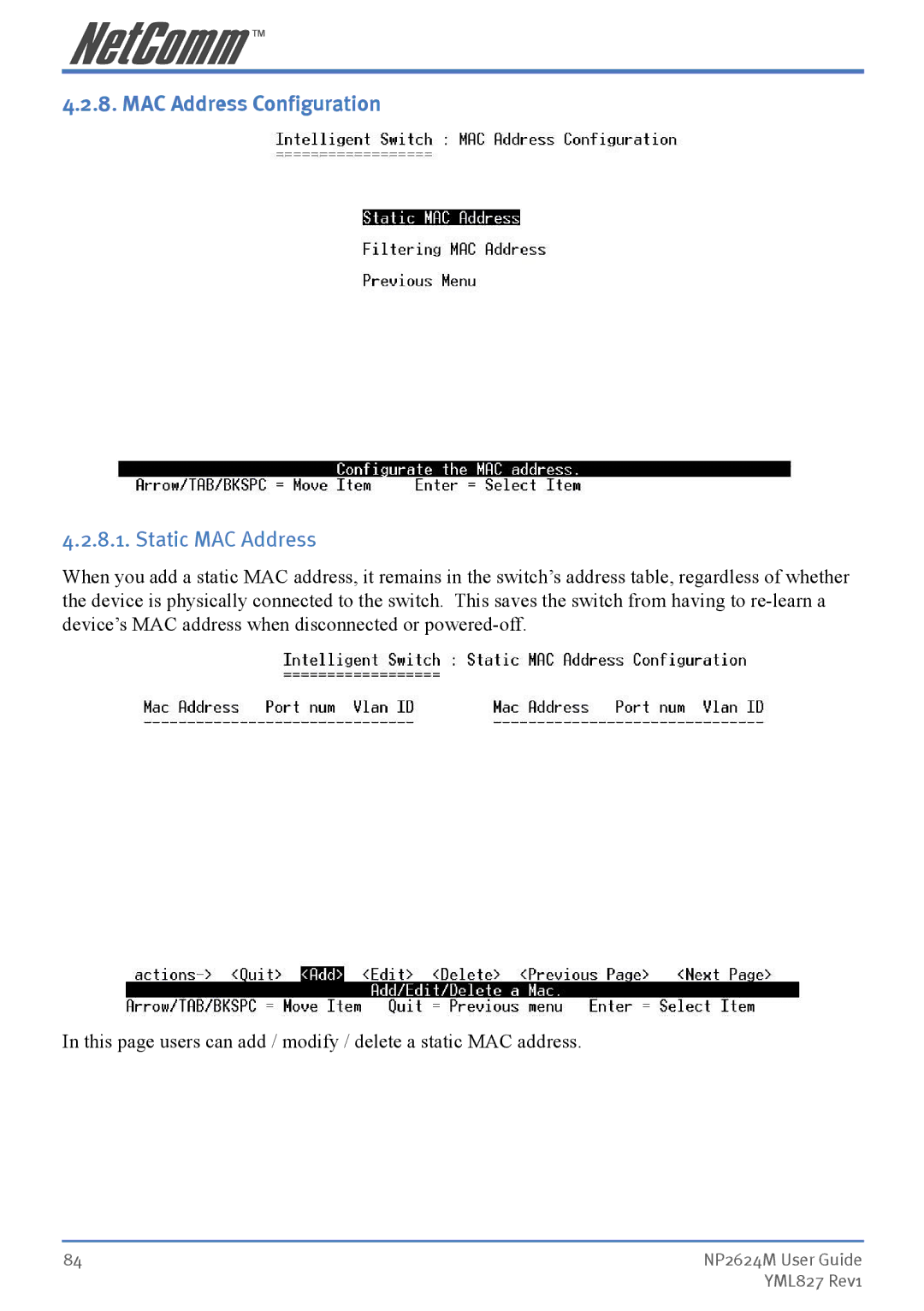 NetComm NP2624M manual MAC Address Configuration, Static MAC Address 