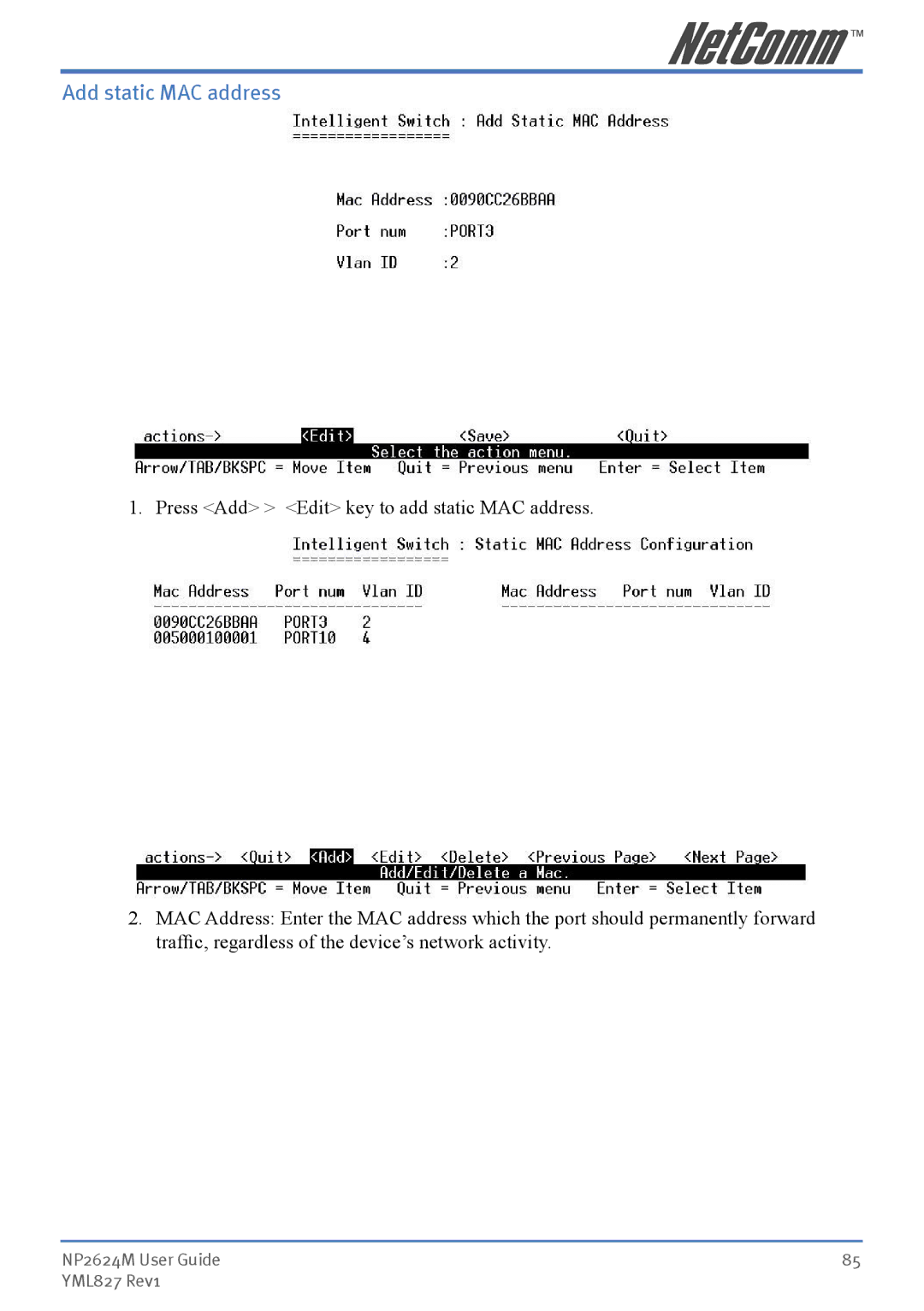 NetComm NP2624M manual Add static MAC address 