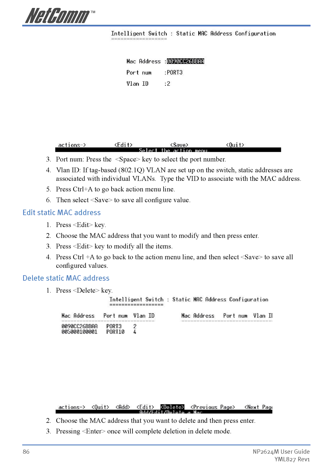 NetComm NP2624M manual Edit static MAC address, Delete static MAC address 