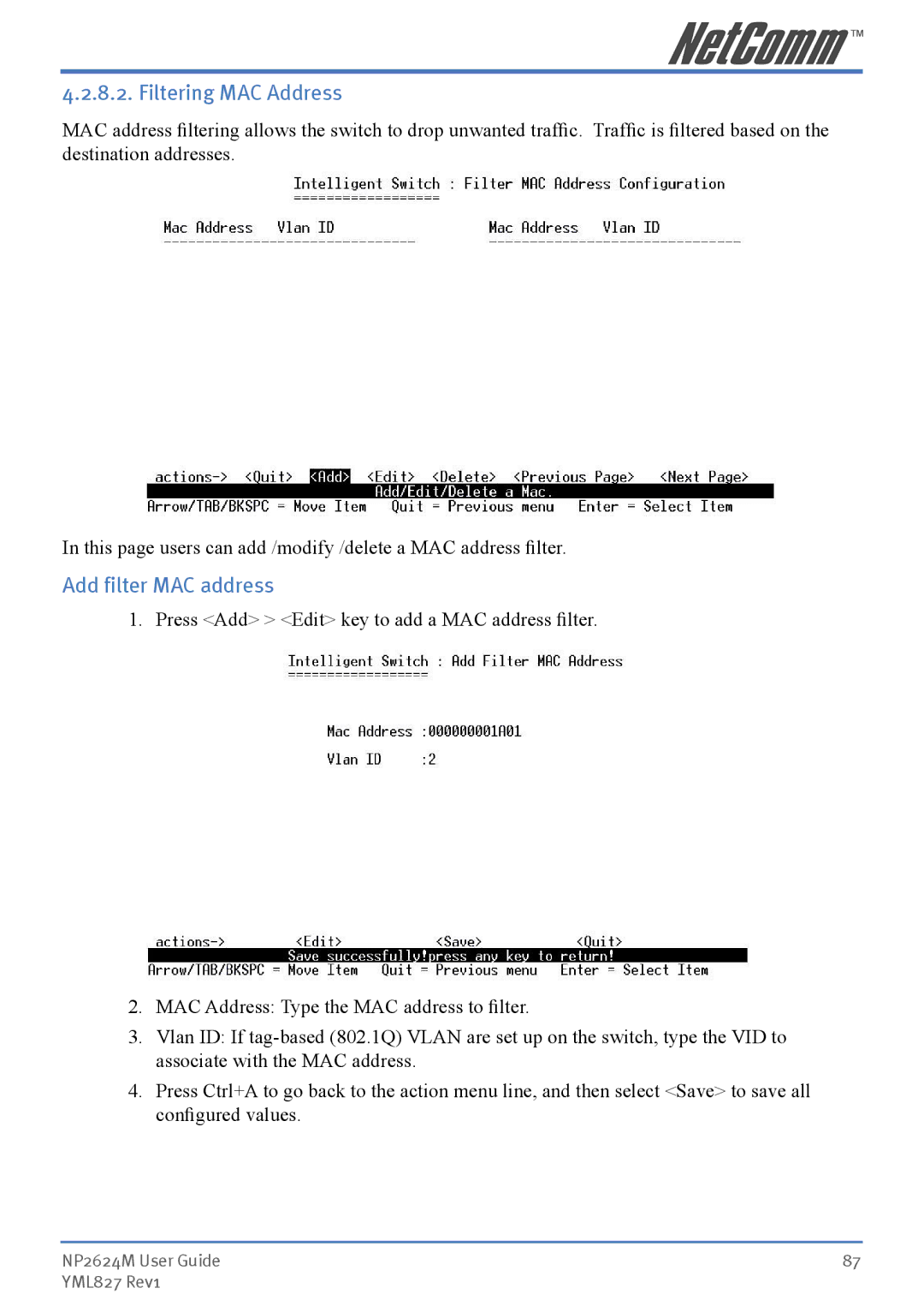 NetComm NP2624M manual Filtering MAC Address, Add filter MAC address 