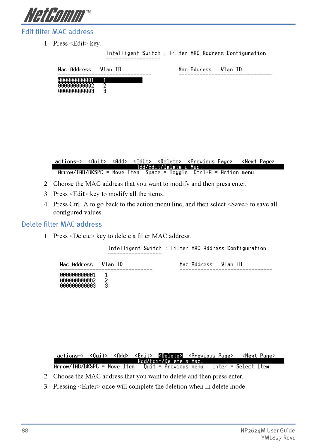 NetComm NP2624M manual Edit filter MAC address, Delete filter MAC address 