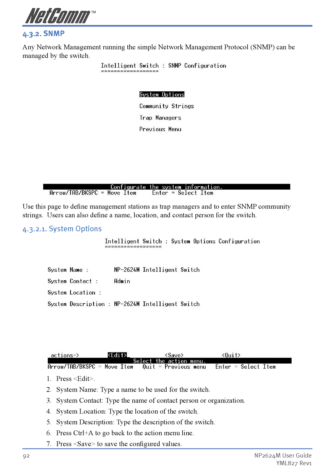 NetComm NP2624M manual Snmp, System Options 