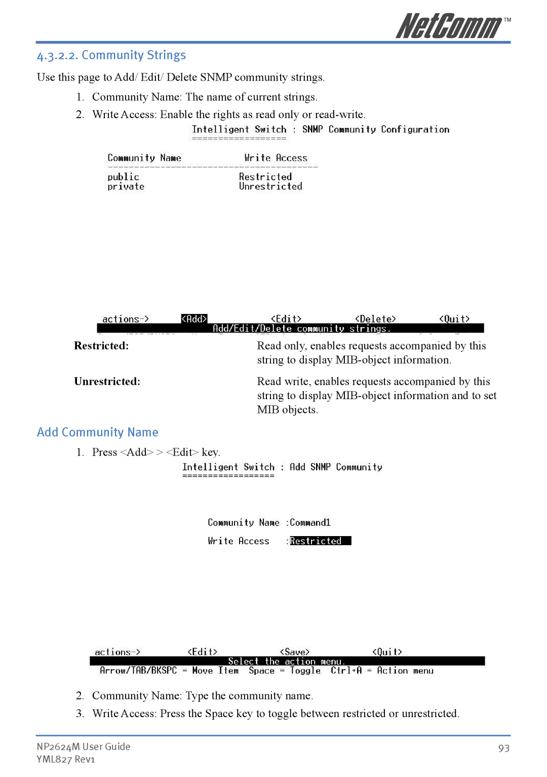 NetComm NP2624M manual Add Community Name, Restricted, Unrestricted 