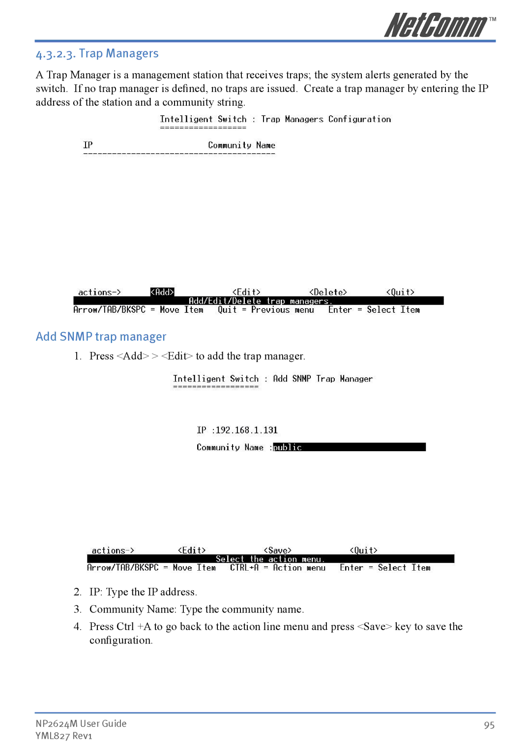 NetComm NP2624M manual Trap Managers, Add Snmp trap manager 