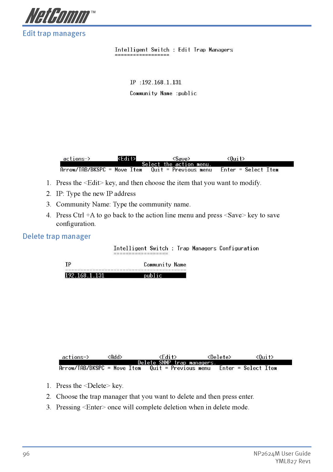 NetComm NP2624M manual Edit trap managers, Delete trap manager 