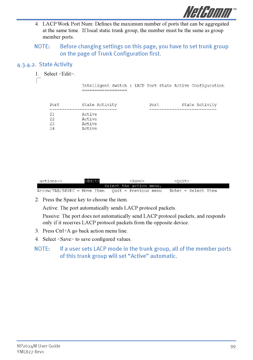 NetComm NP2624M manual On the page of Trunk Configuration first, State Activity 