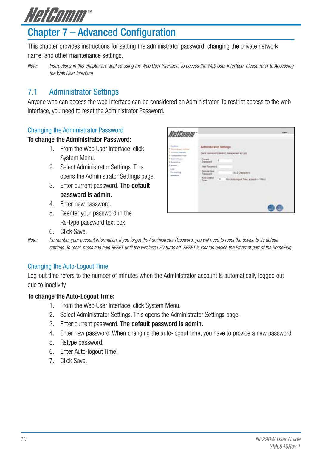 NetComm NP290W manual Advanced Configuration, Administrator Settings, Changing the Administrator Password 