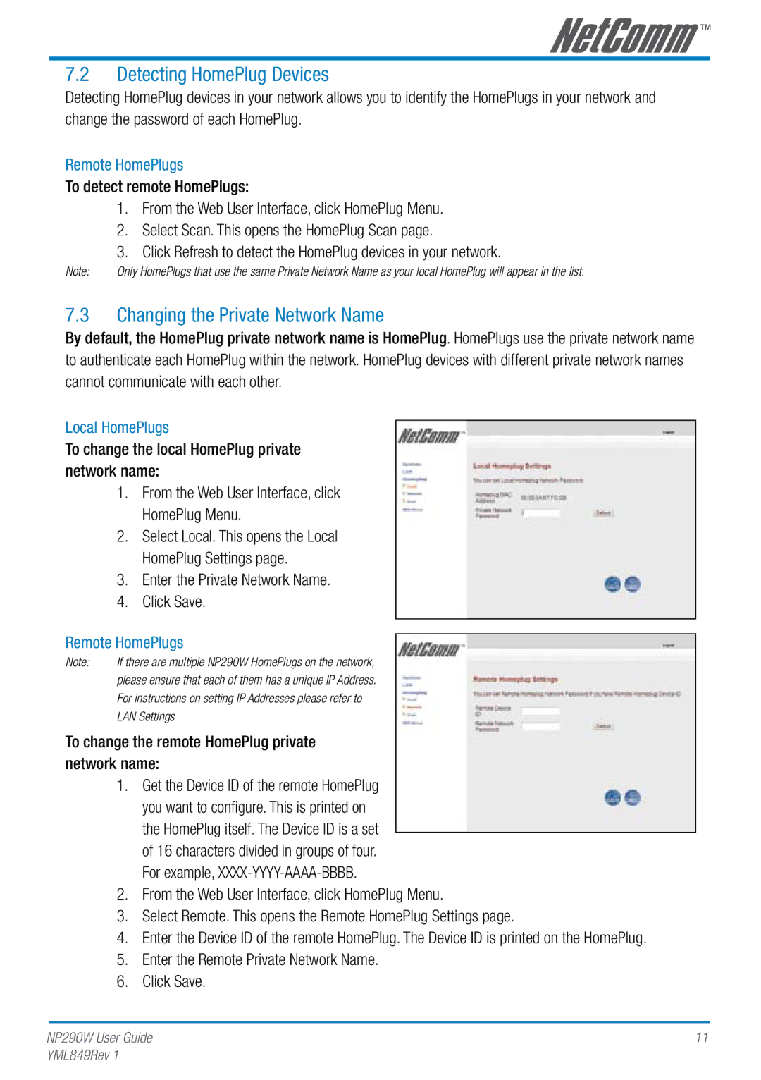 NetComm NP290W manual Detecting HomePlug Devices, Changing the Private Network Name, Remote HomePlugs, Local HomePlugs 