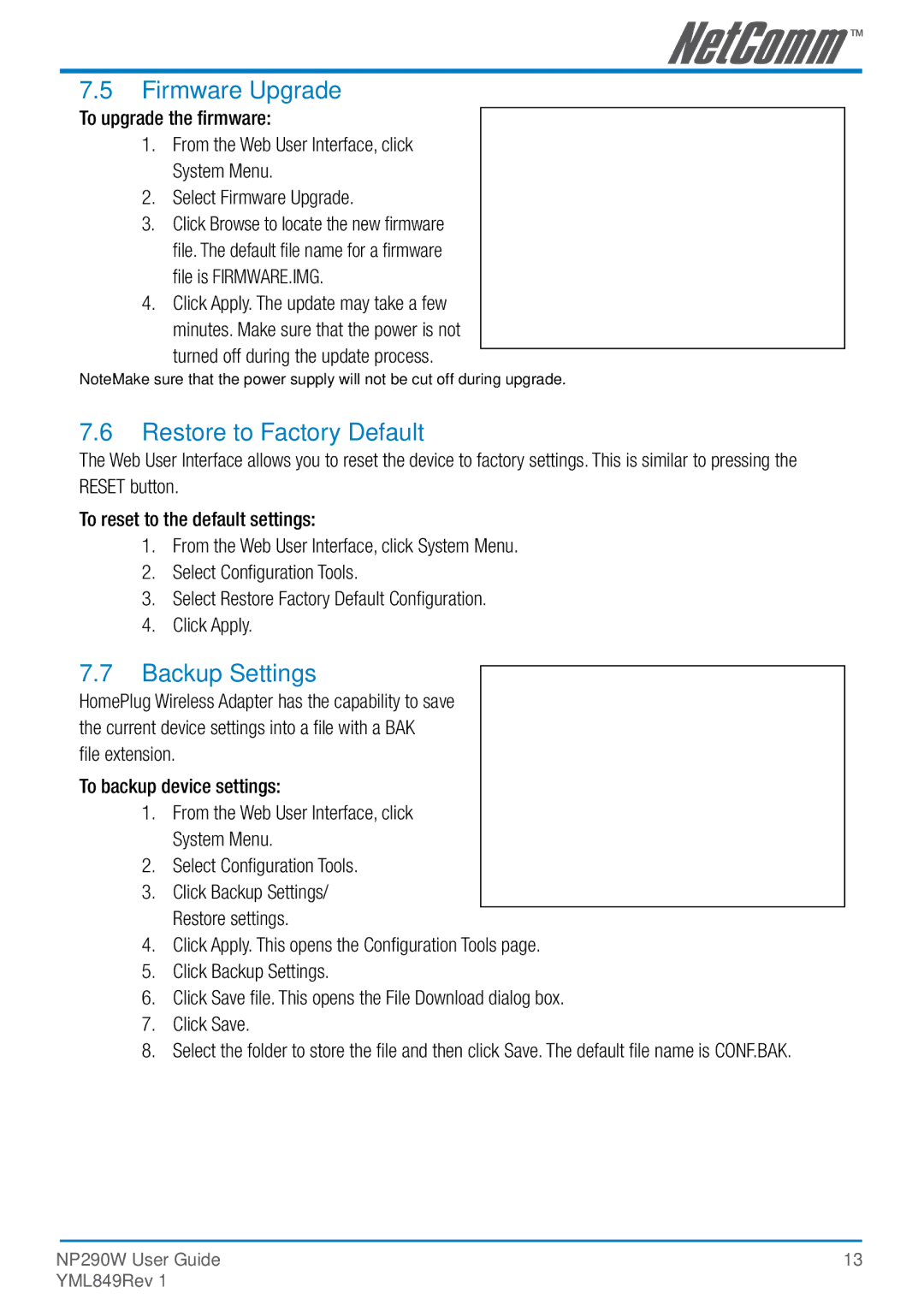 NetComm NP290W manual Firmware Upgrade, Restore to Factory Default, Backup Settings 