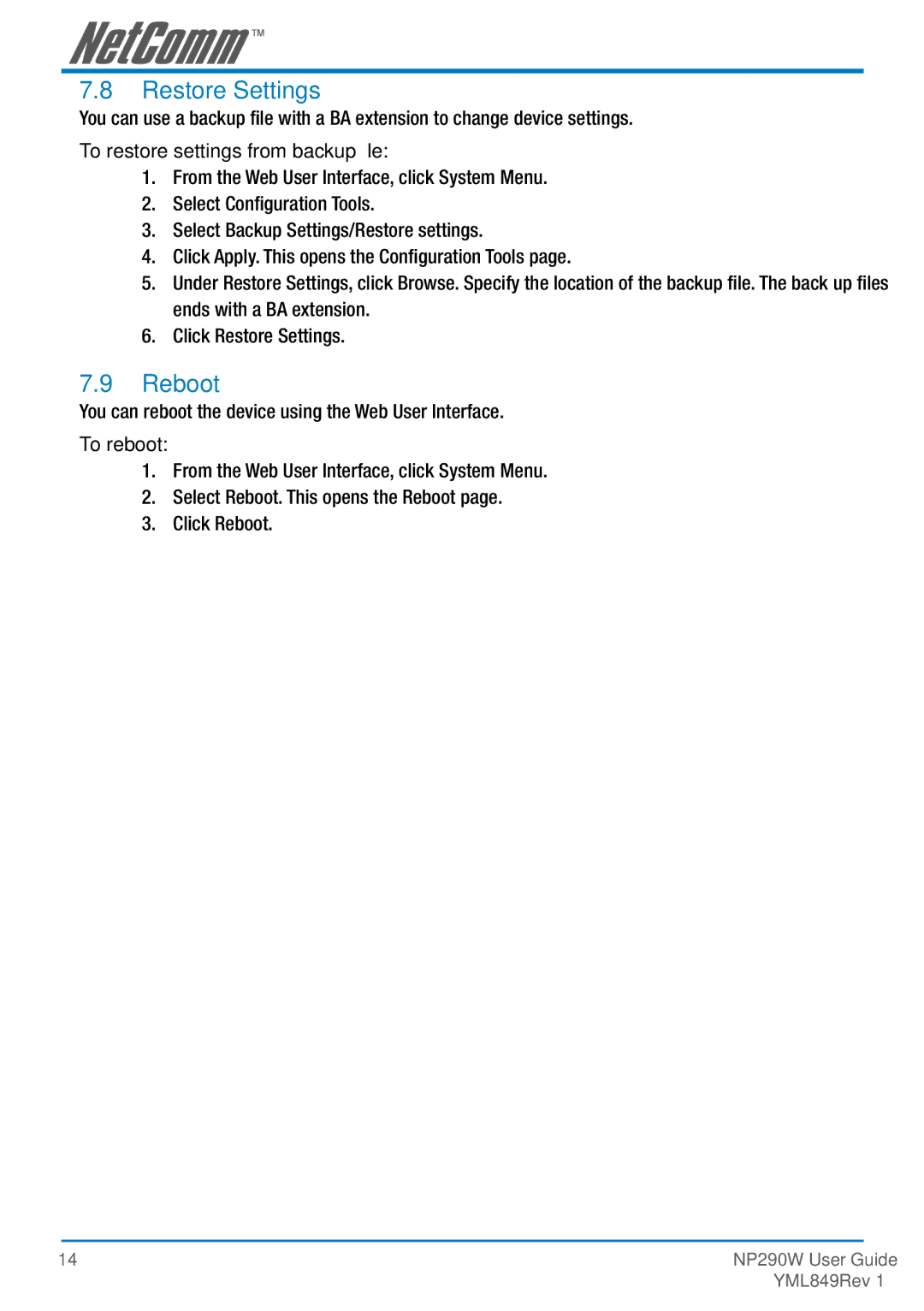 NetComm NP290W manual Restore Settings, Reboot 