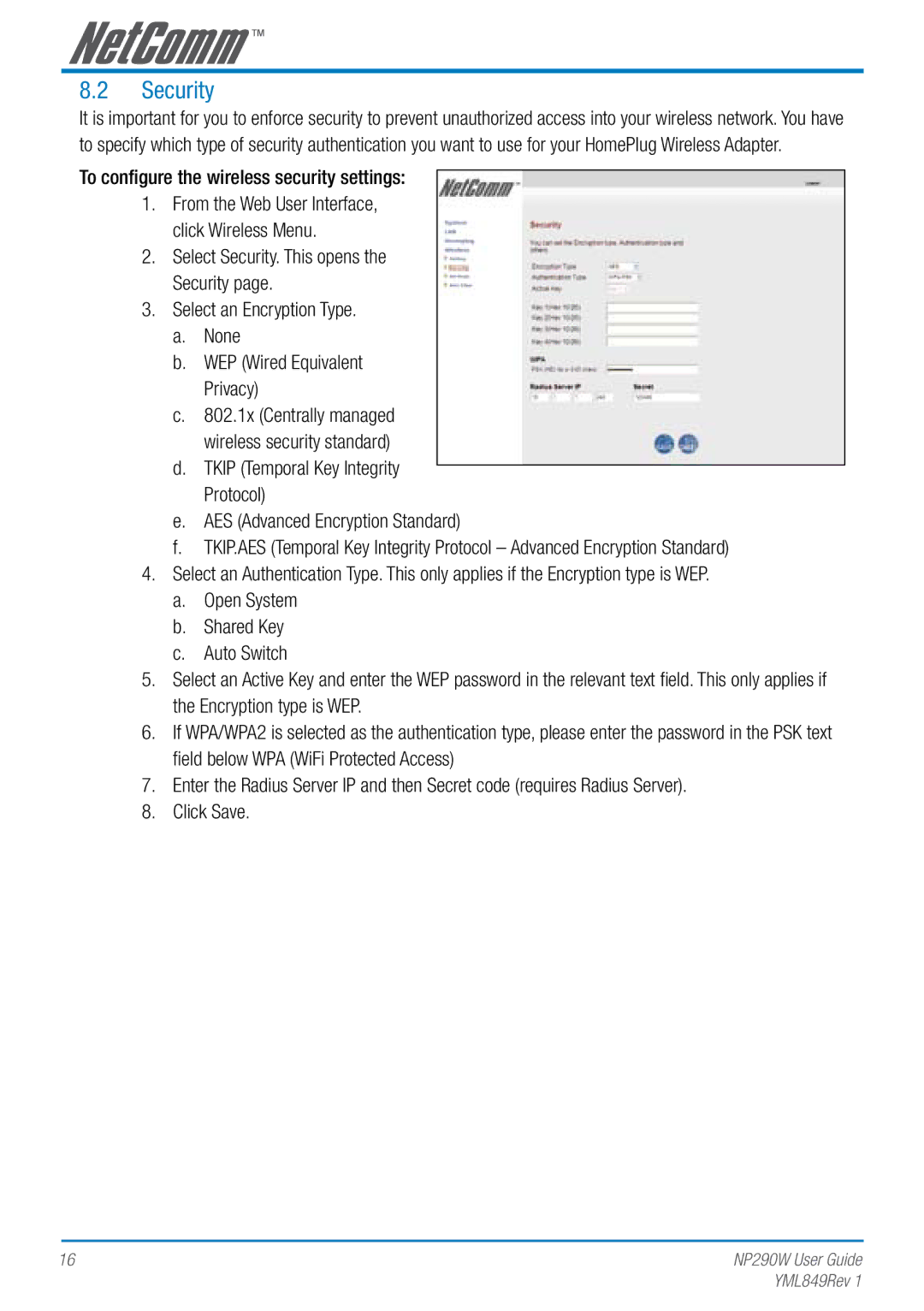 NetComm NP290W manual Security, To configure the wireless security settings, Select an Encryption Type None 