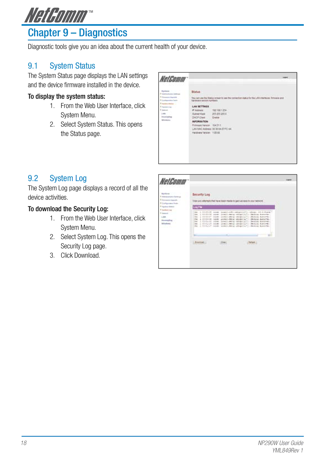 NetComm NP290W manual Diagnostics, System Status, System Log, To display the system status, Click Download 