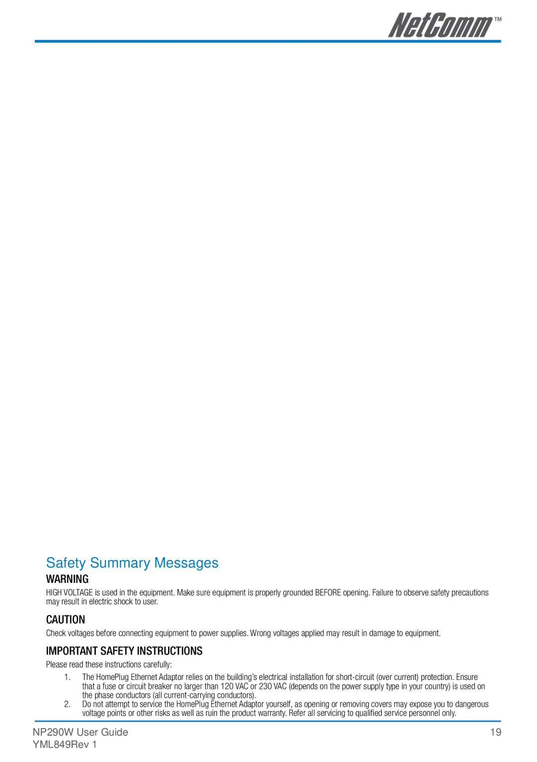 NetComm NP290W manual Safety Summary Messages, Important Safety Instructions 