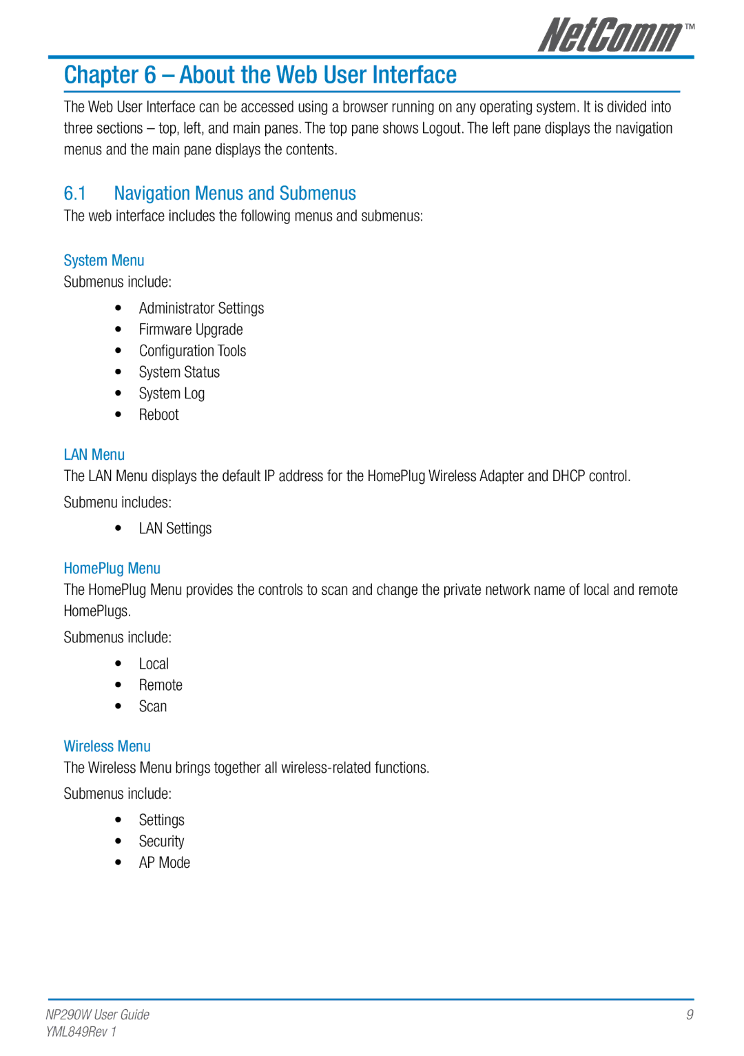 NetComm NP290W manual About the Web User Interface, Navigation Menus and Submenus 