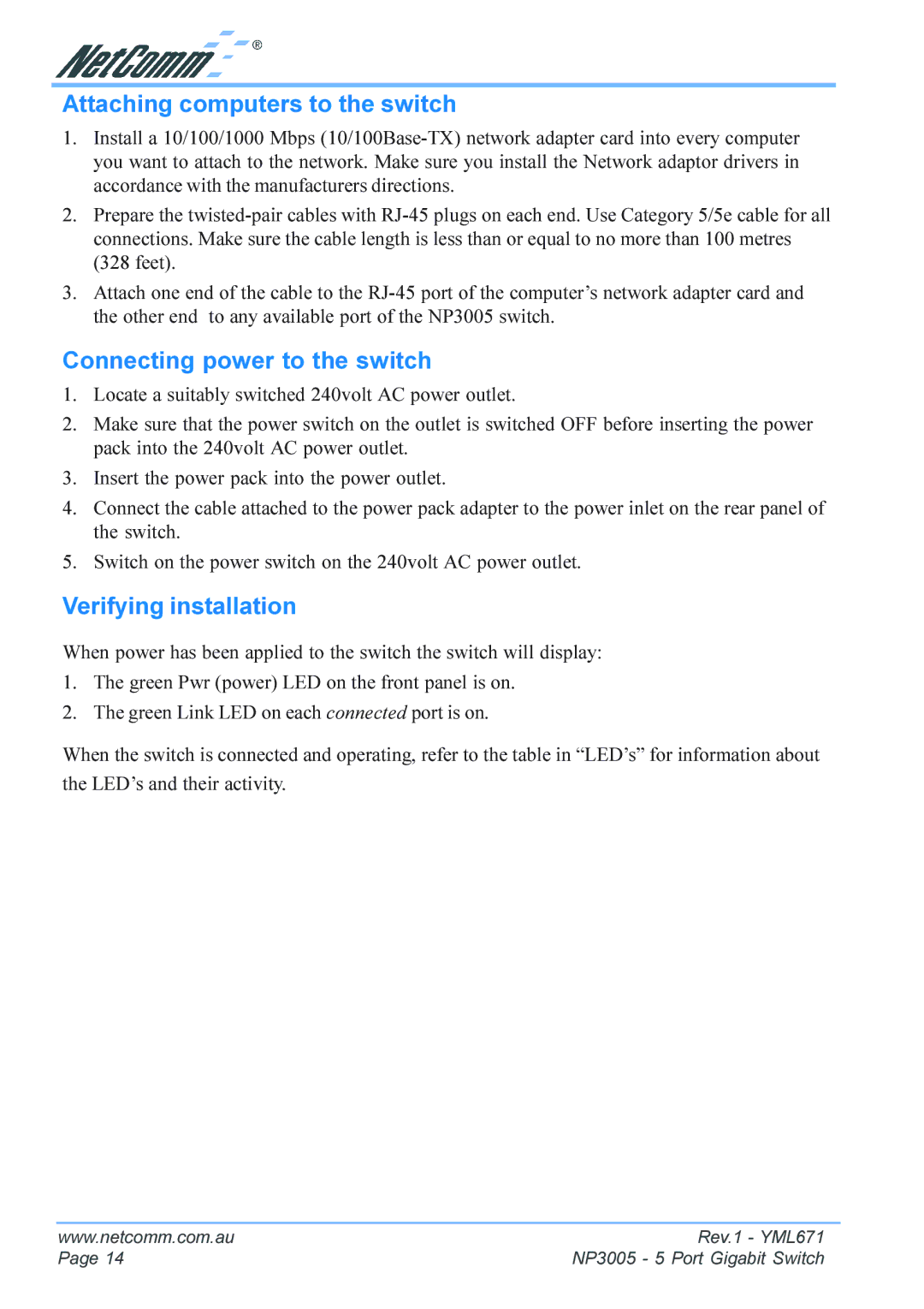 NetComm NP3005 manual Attaching computers to the switch, Connecting power to the switch, Verifying installation 