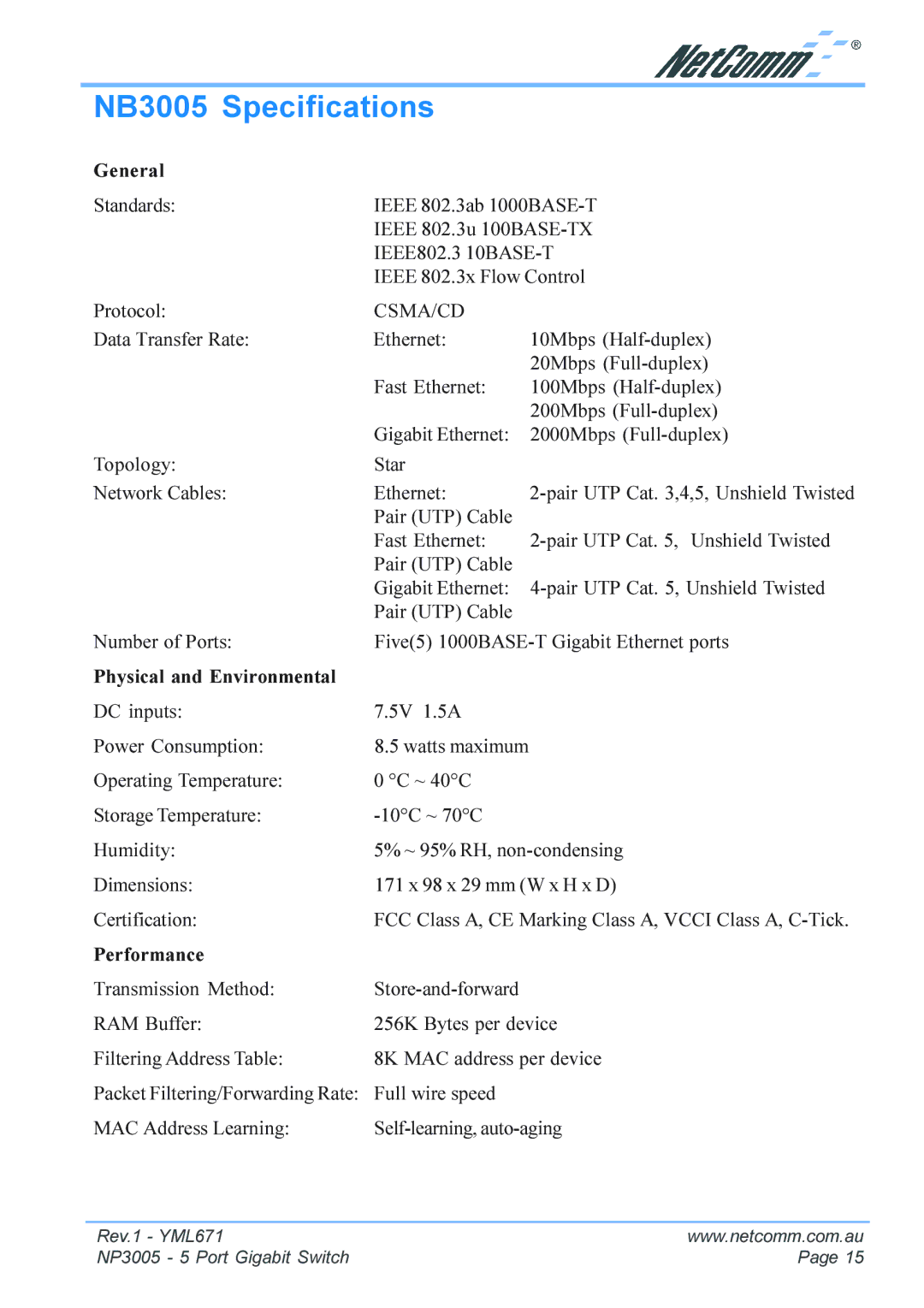 NetComm NP3005 manual NB3005 Specifications, Csma/Cd 