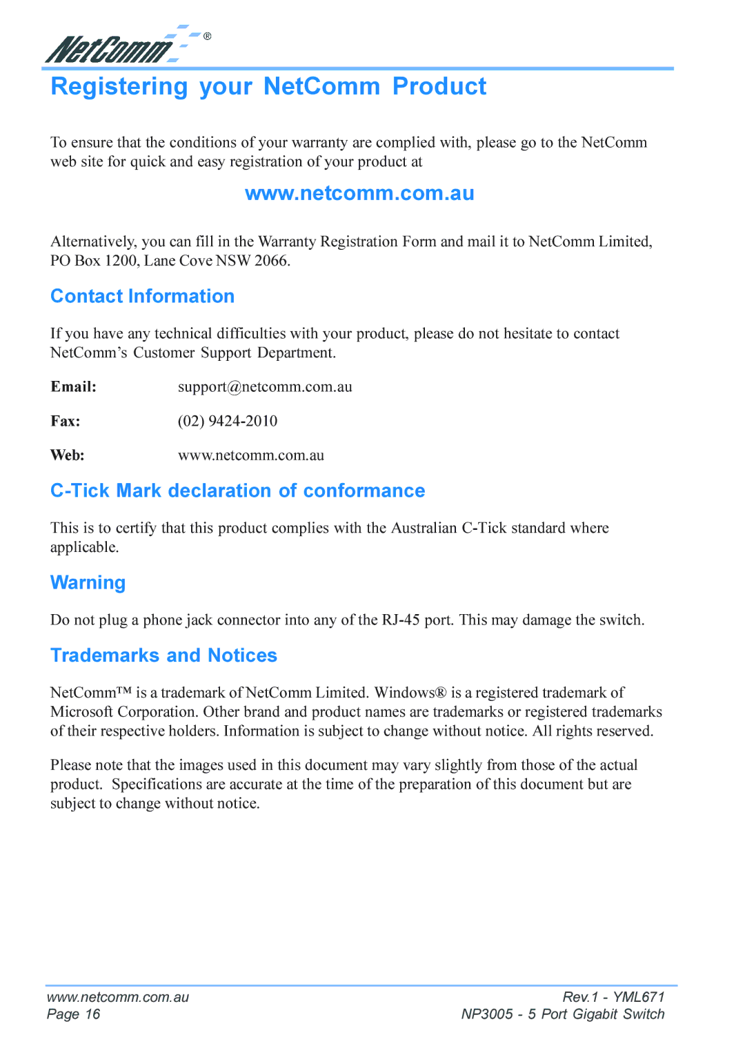 NetComm NP3005 manual Registering your NetComm Product, Contact Information, Tick Mark declaration of conformance 