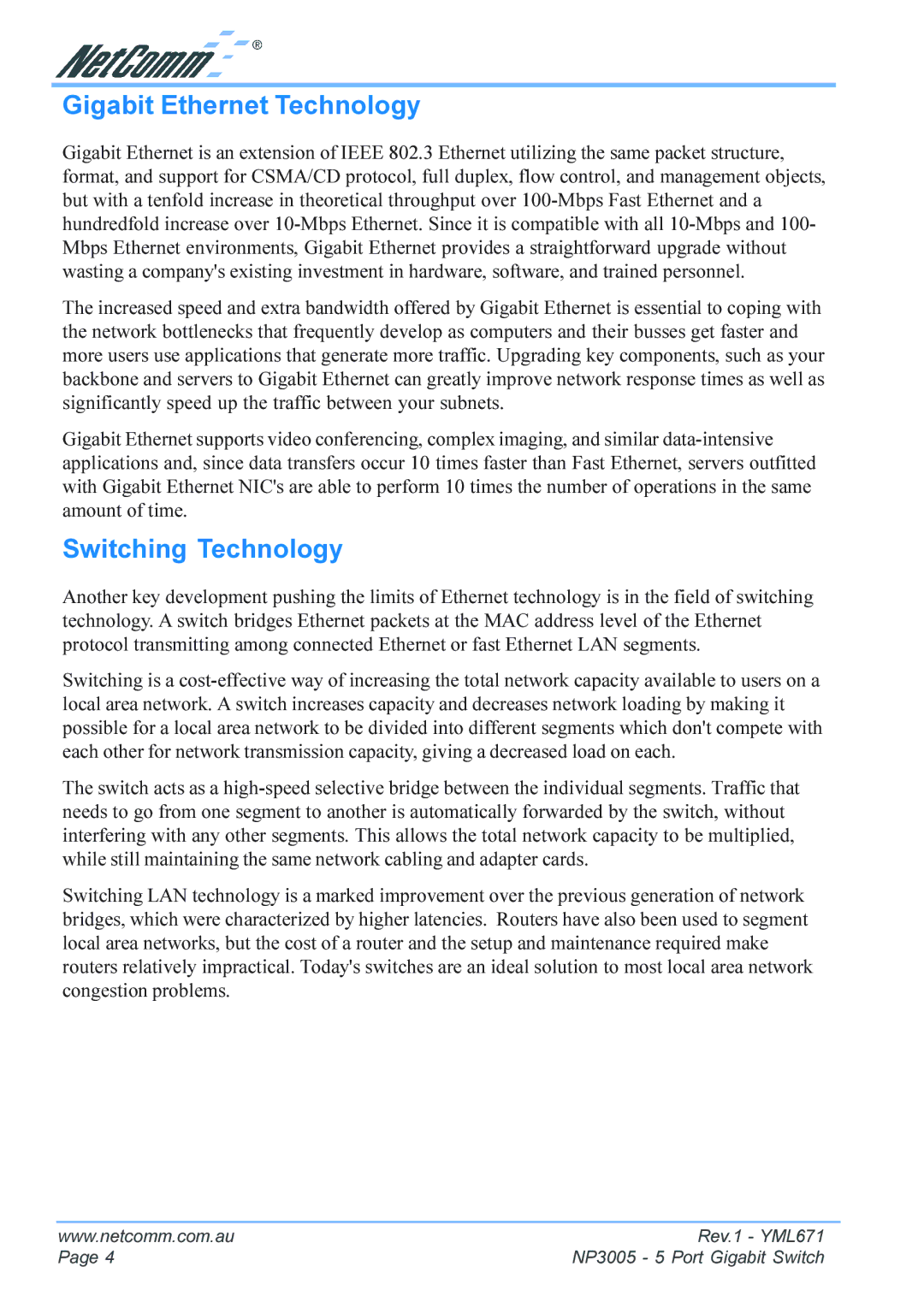 NetComm NP3005 manual Gigabit Ethernet Technology 