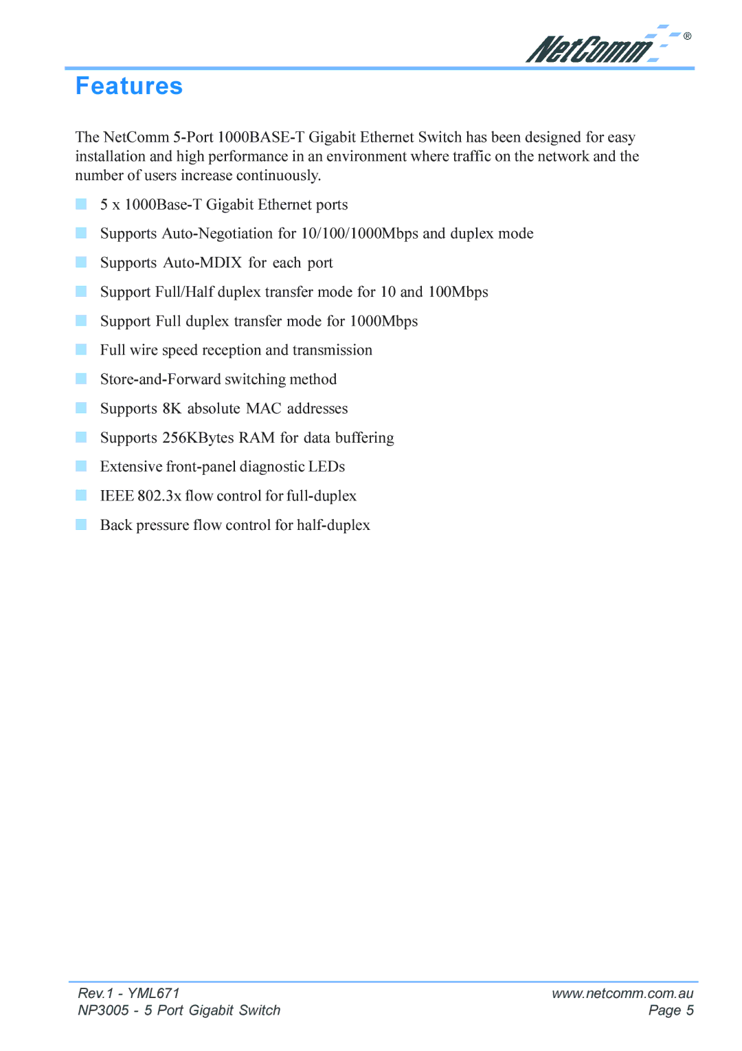 NetComm NP3005 manual Features 