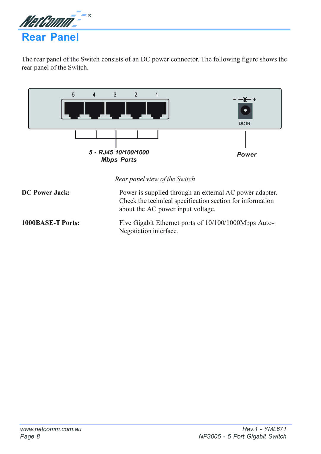 NetComm NP3005 manual Rear Panel 