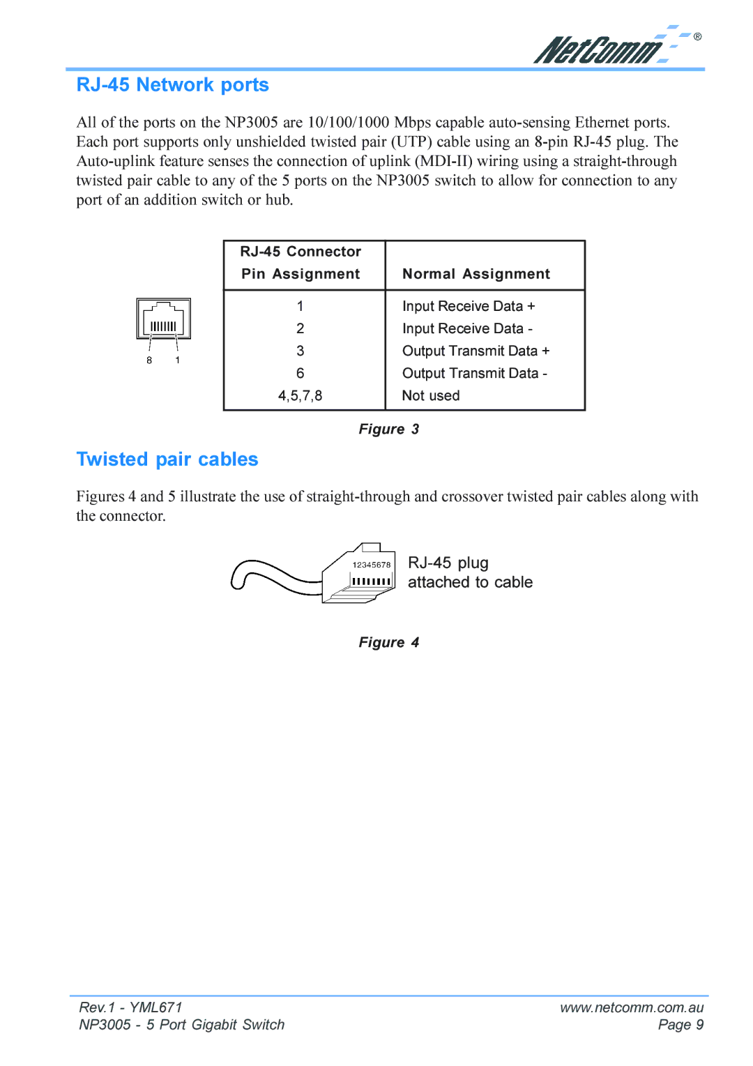 NetComm NP3005 manual RJ-45 Network ports, Twisted pair cables 