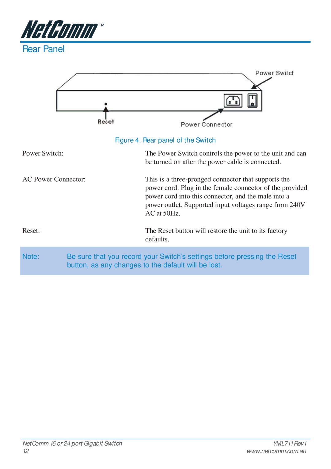 NetComm NP3024 manual Rear Panel, Rear panel of the Switch 