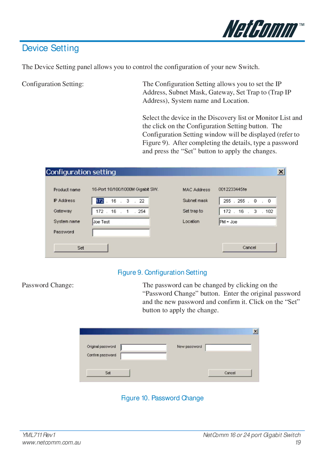 NetComm NP3024 manual Device Setting, After completing the details, type a password 