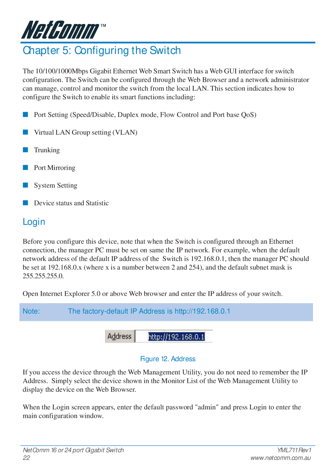 NetComm NP3024 manual Configuring the Switch, Login 