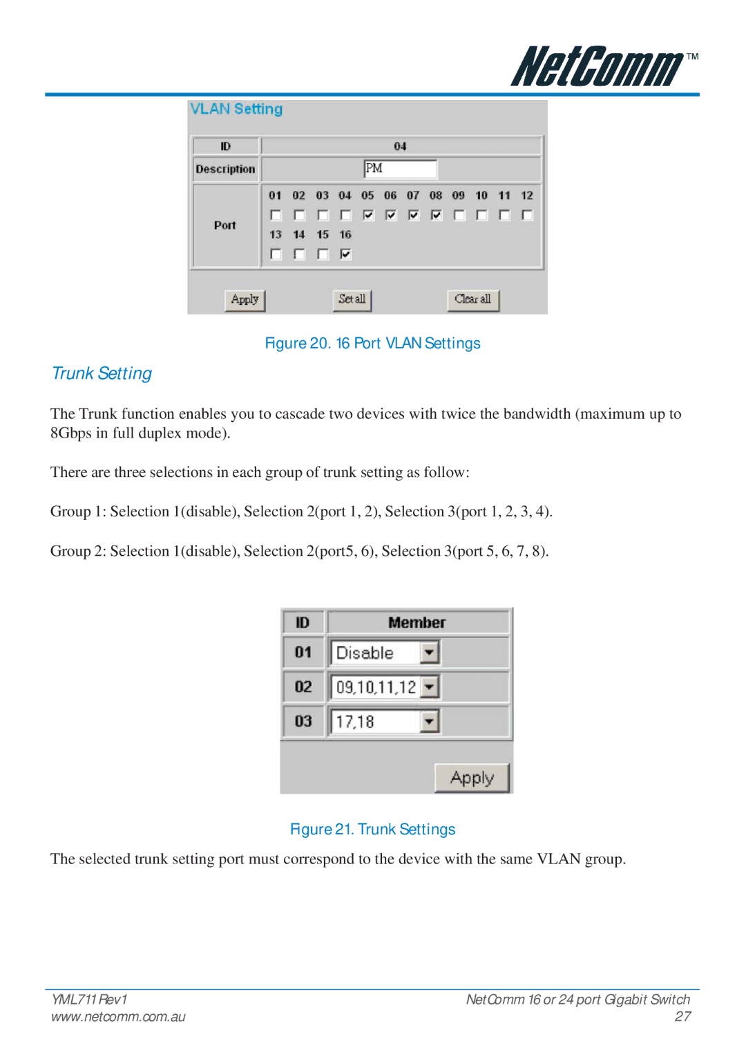 NetComm NP3024 manual Trunk Setting, Port Vlan Settings 