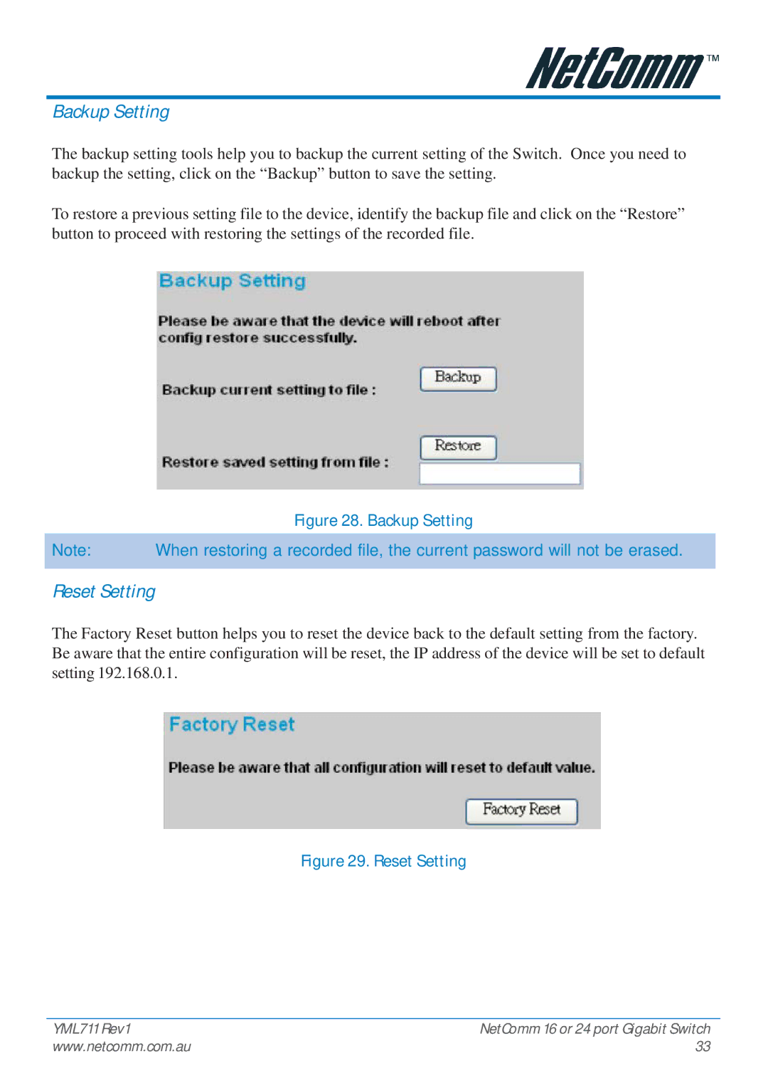 NetComm NP3024 manual Backup Setting, Reset Setting 