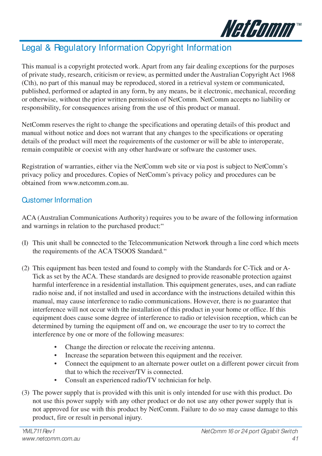 NetComm NP3024 manual Legal & Regulatory Information Copyright Information, Customer Information 