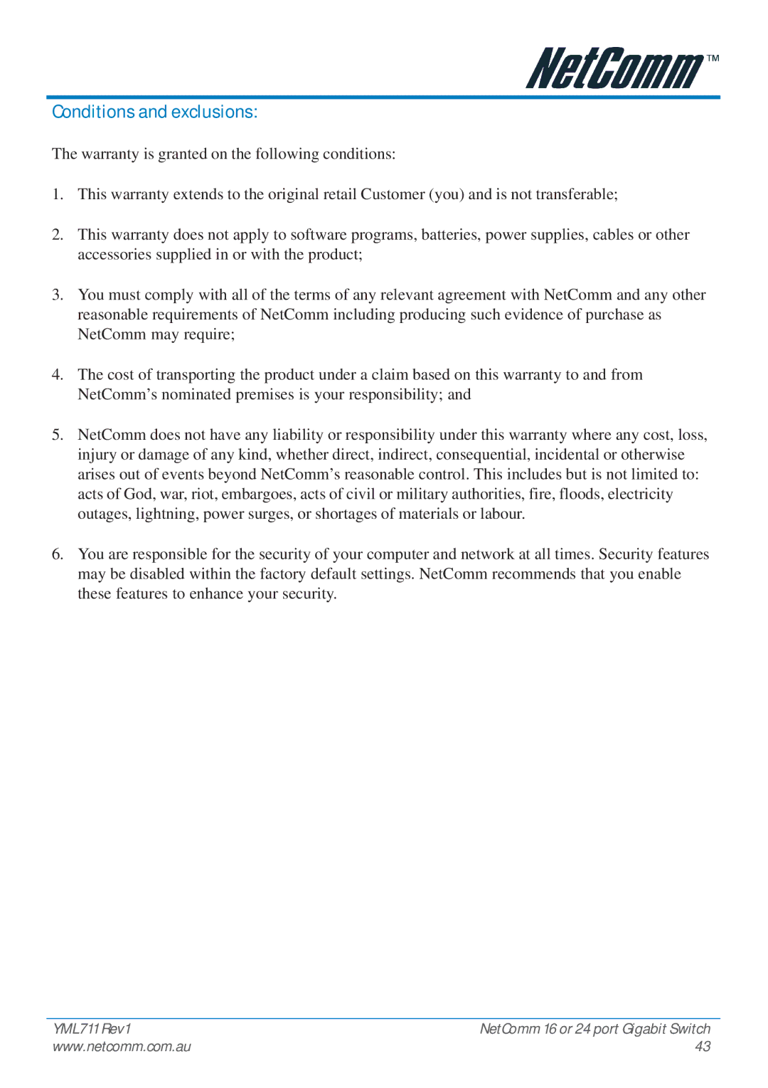 NetComm NP3024 manual Conditions and exclusions 