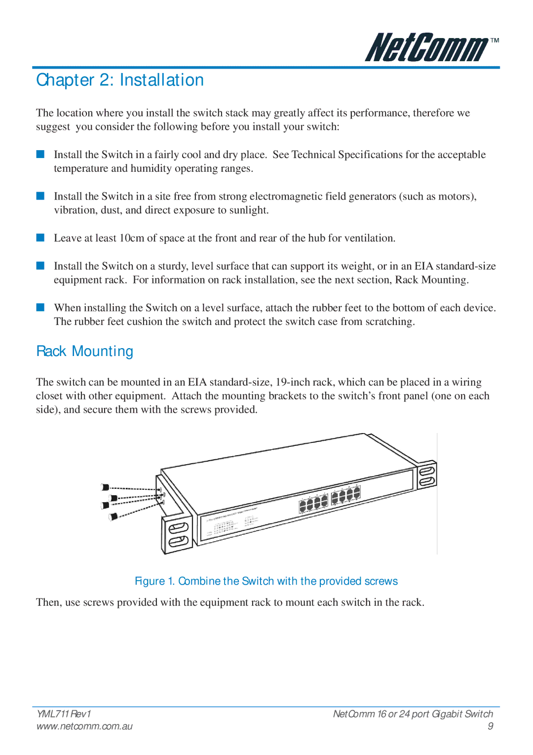 NetComm NP3024 manual Installation, Rack Mounting 