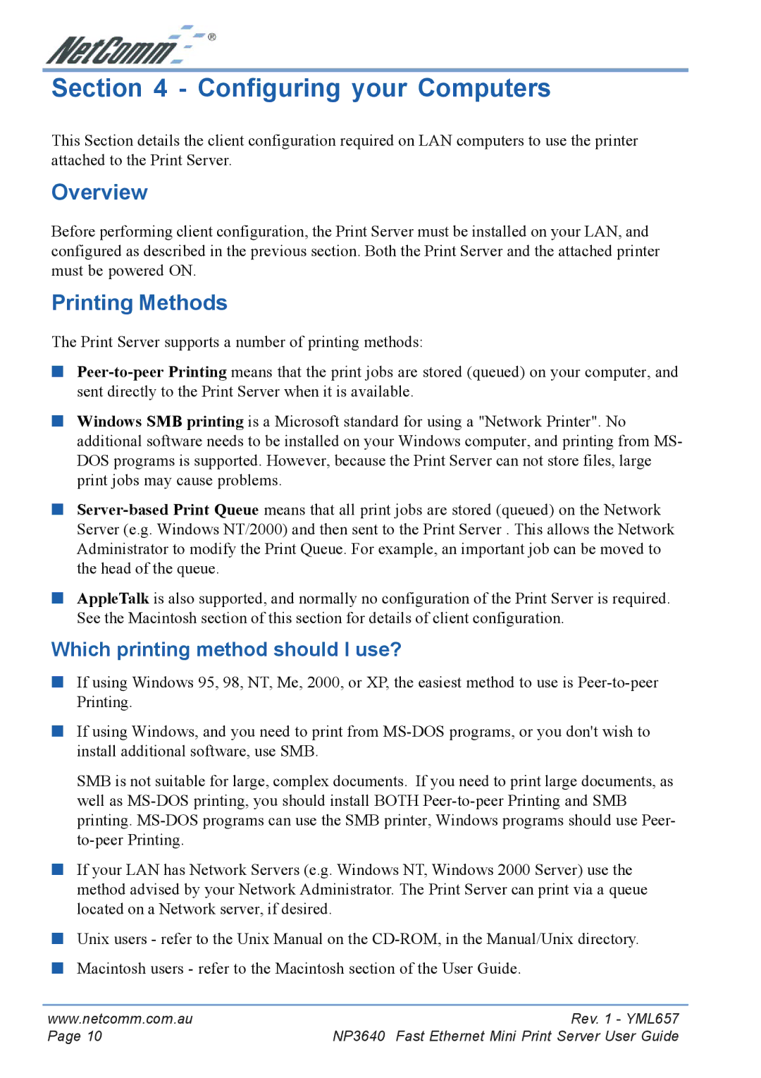 NetComm NP3640 manual Configuring your Computers, Printing Methods, Which printing method should I use? 