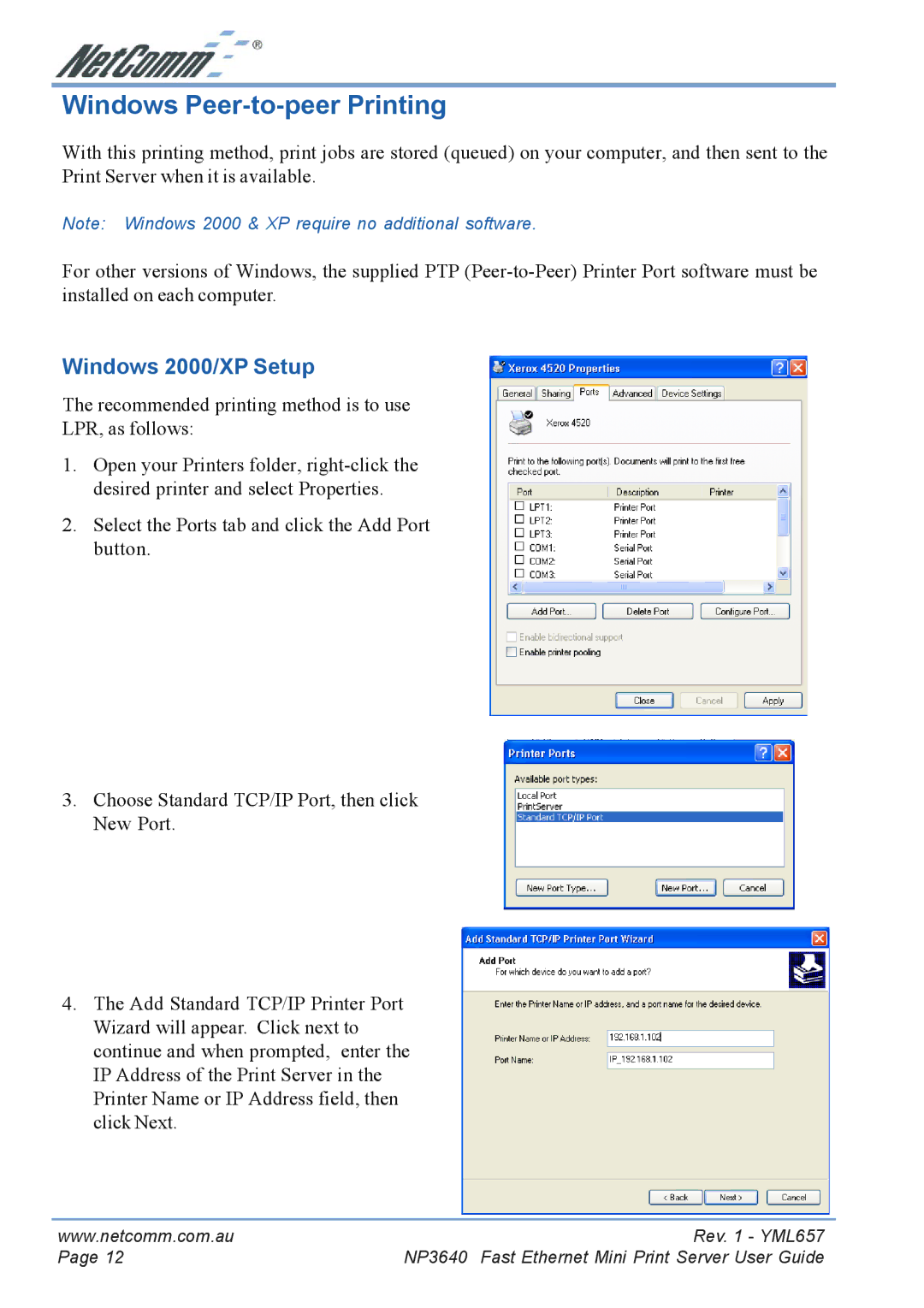 NetComm NP3640 manual Windows Peer-to-peer Printing, Windows 2000/XP Setup 