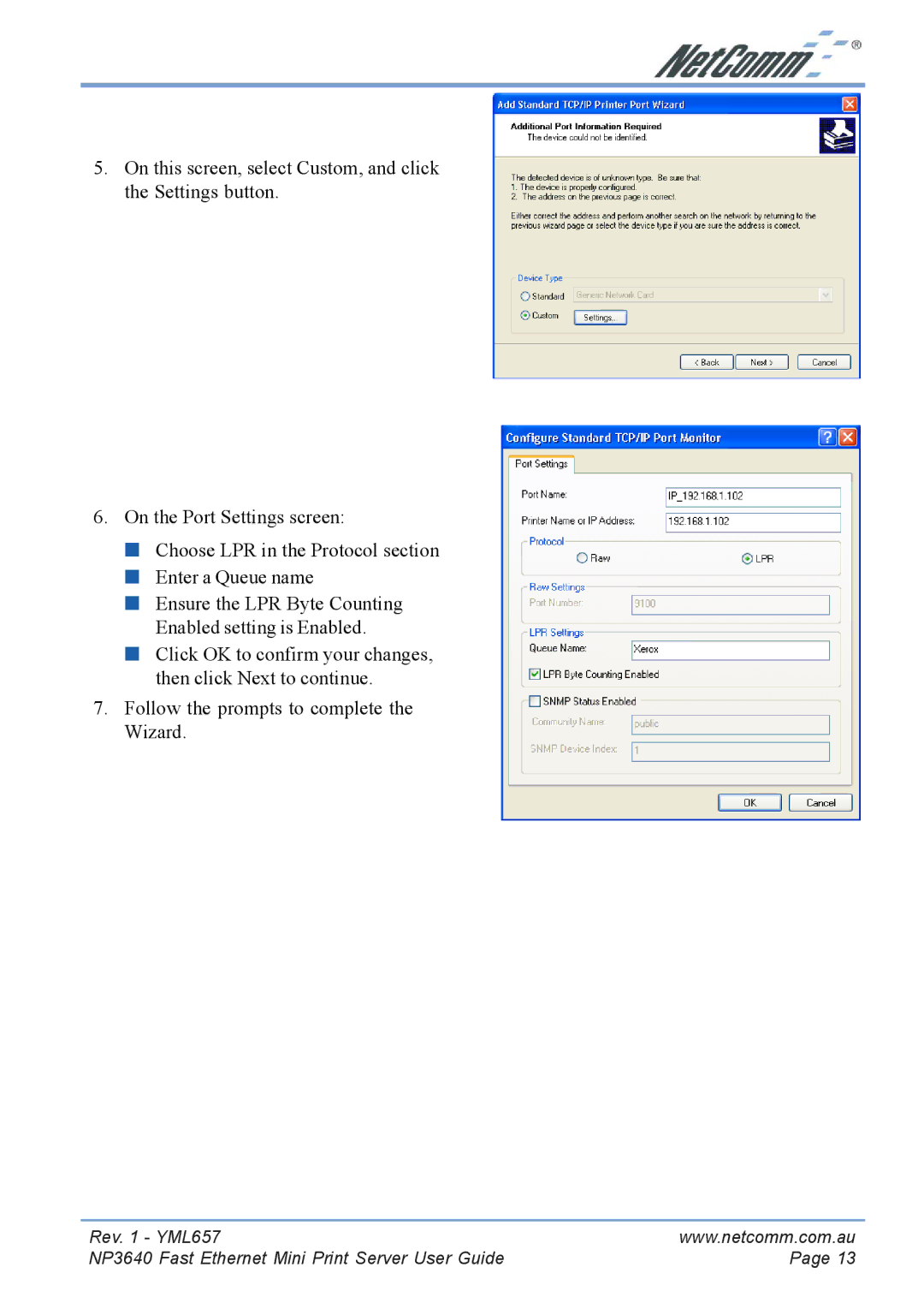 NetComm manual Rev YML657 NP3640 Fast Ethernet Mini Print Server User Guide 