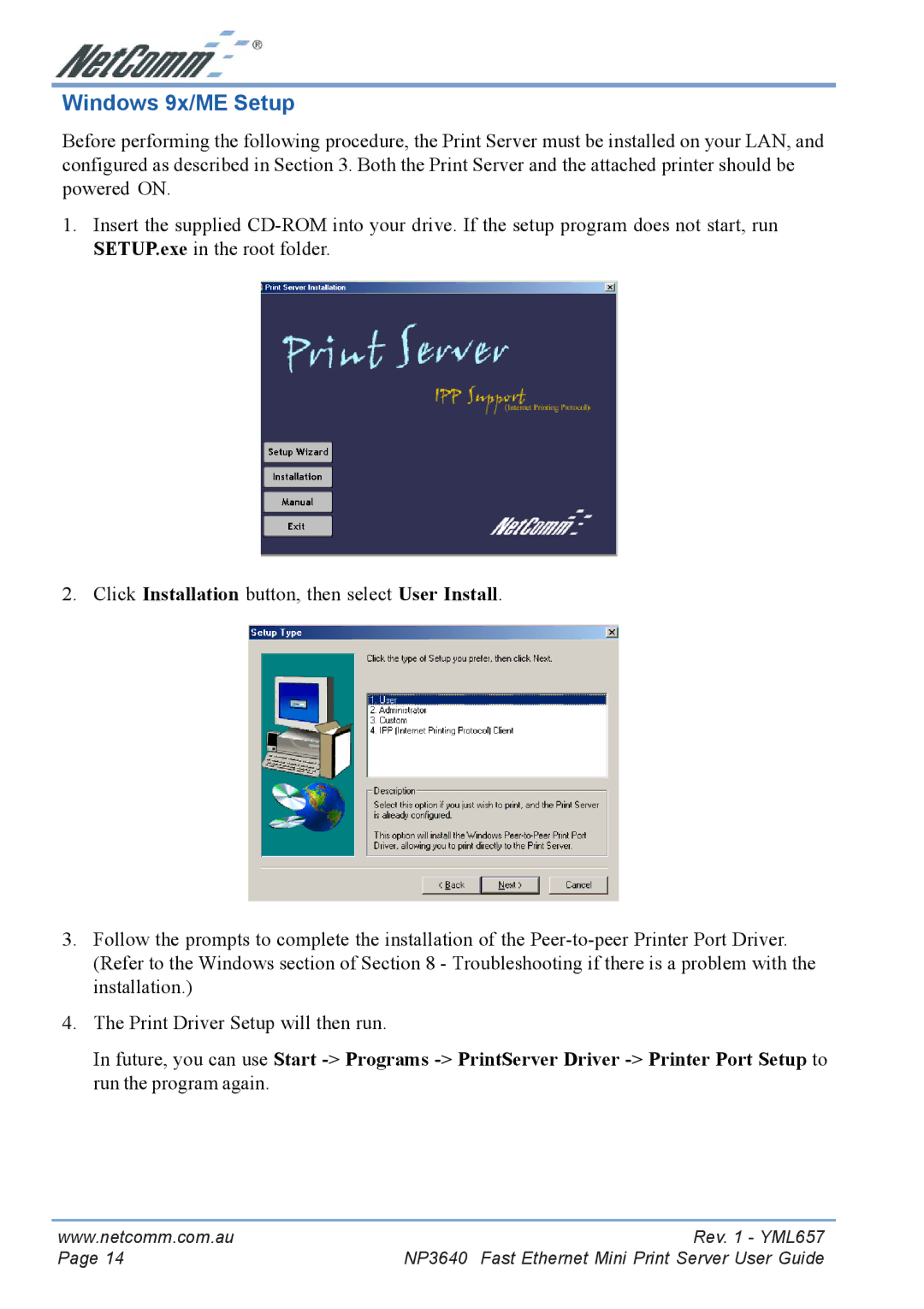 NetComm NP3640 manual Windows 9x/ME Setup 