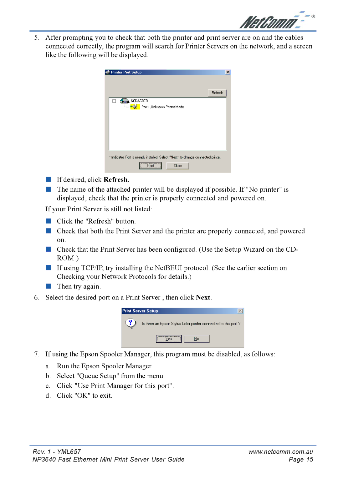 NetComm manual Rev YML657 NP3640 Fast Ethernet Mini Print Server User Guide 