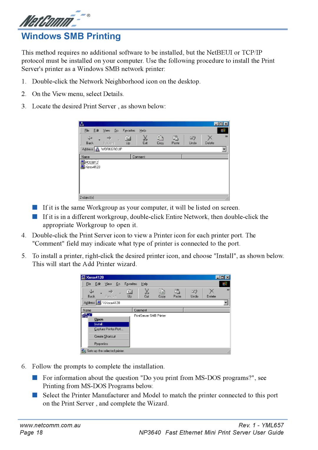 NetComm NP3640 manual Windows SMB Printing 