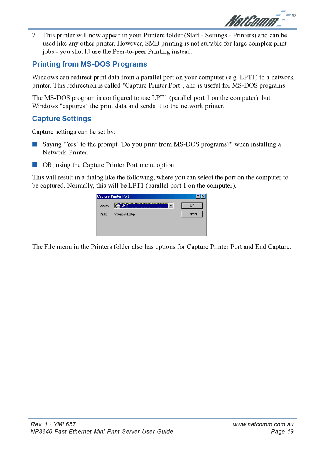 NetComm NP3640 manual Printing from MS-DOS Programs, Capture Settings 