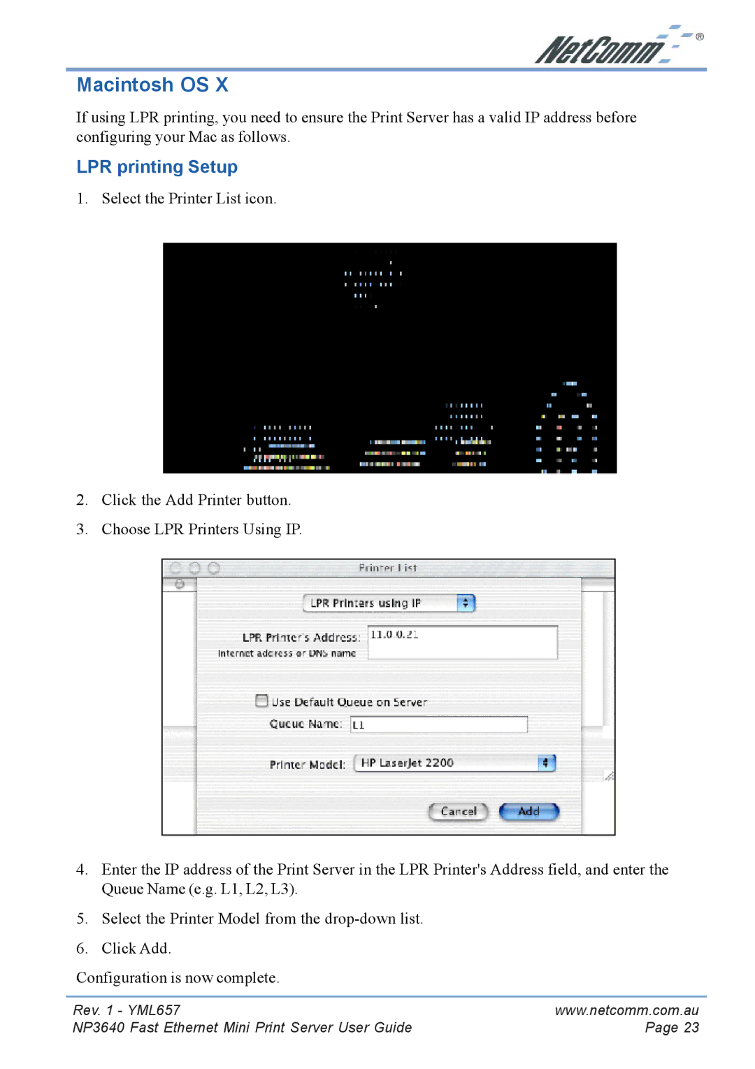 NetComm NP3640 manual Macintosh OS, LPR printing Setup 