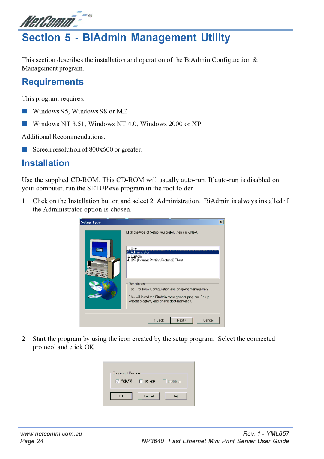 NetComm NP3640 manual BiAdmin Management Utility, Requirements, Installation 