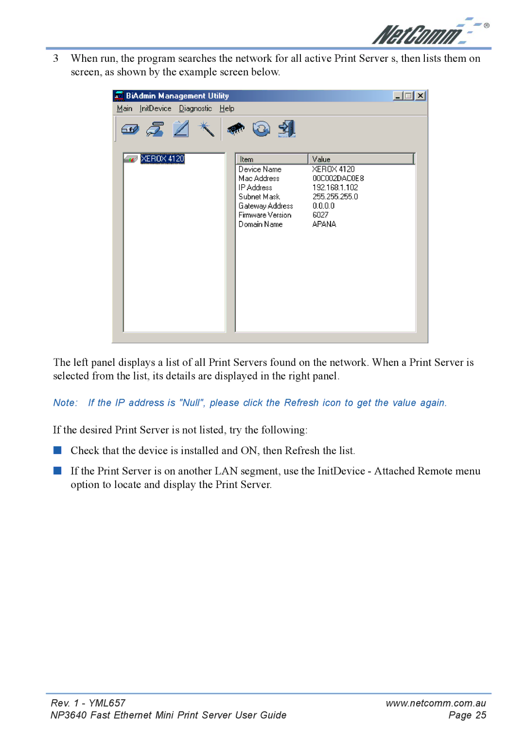 NetComm manual Rev YML657 NP3640 Fast Ethernet Mini Print Server User Guide 