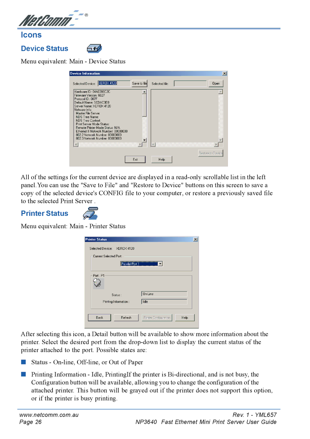 NetComm NP3640 manual Icons, Device Status, Printer Status 