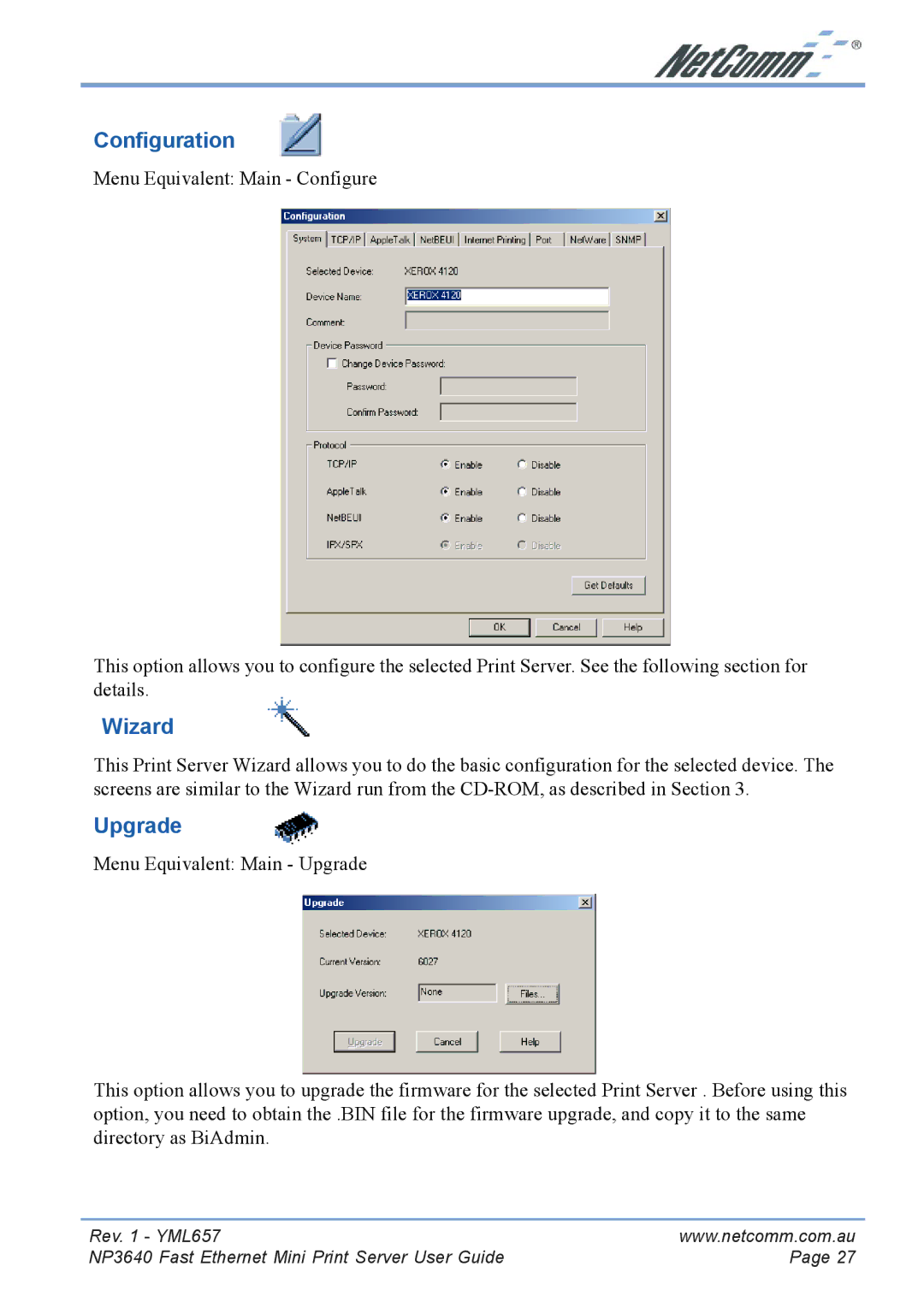 NetComm NP3640 manual Configuration, Wizard, Upgrade 