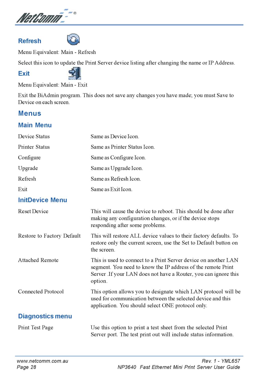 NetComm NP3640 manual Menus 