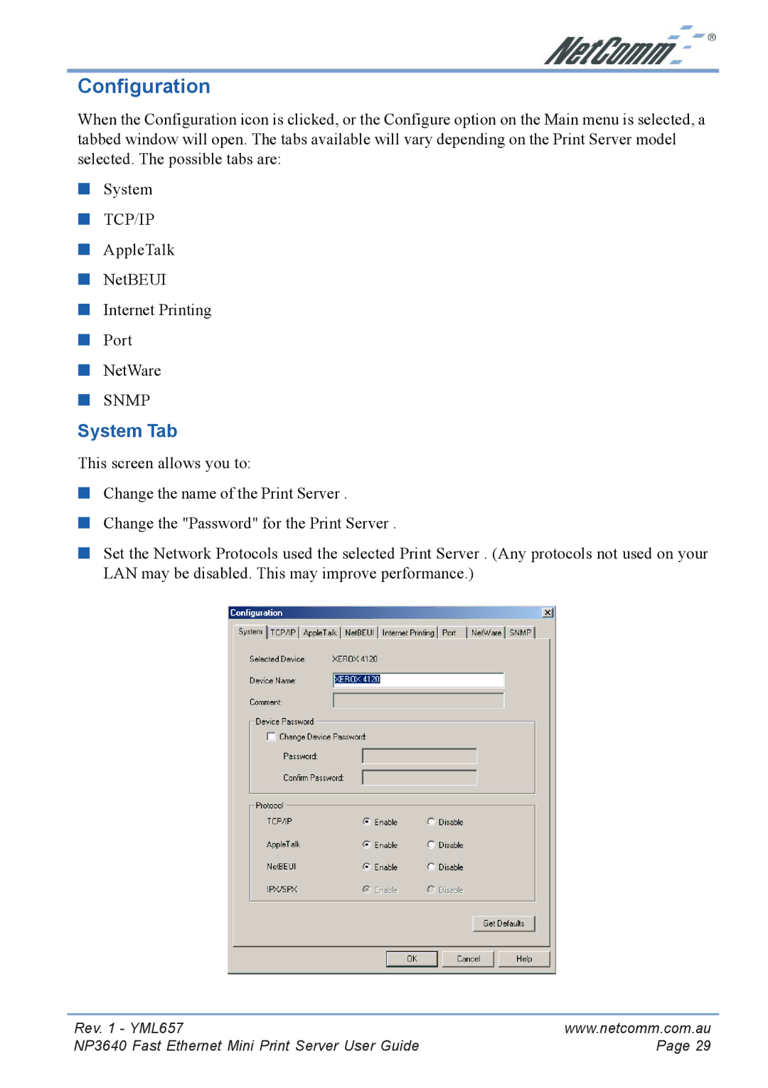 NetComm NP3640 manual Configuration, System Tab 