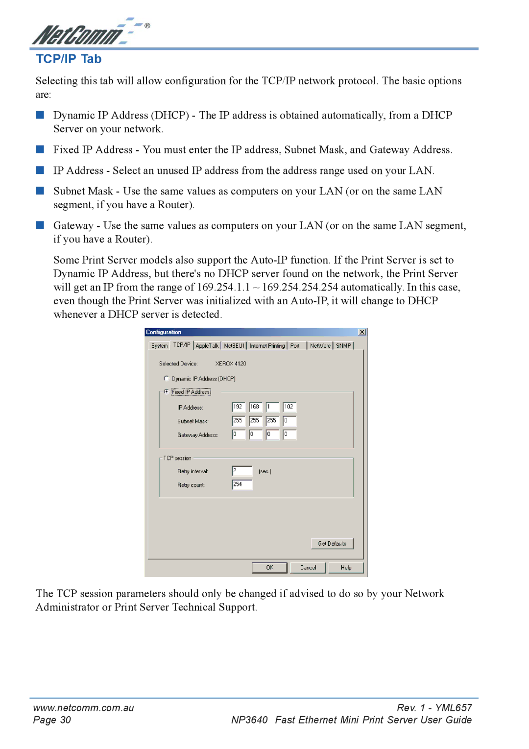 NetComm NP3640 manual TCP/IP Tab 