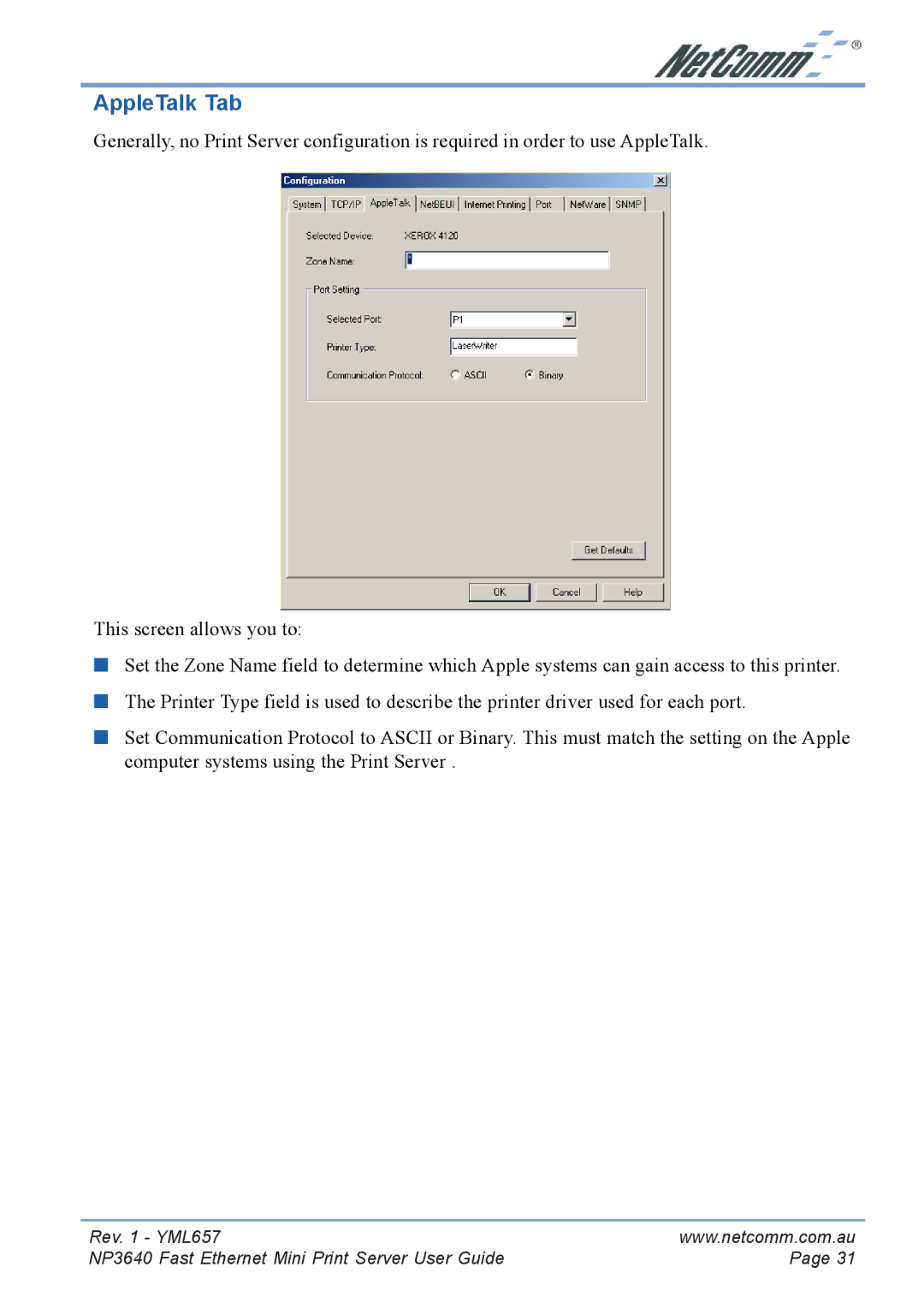 NetComm NP3640 manual AppleTalk Tab 